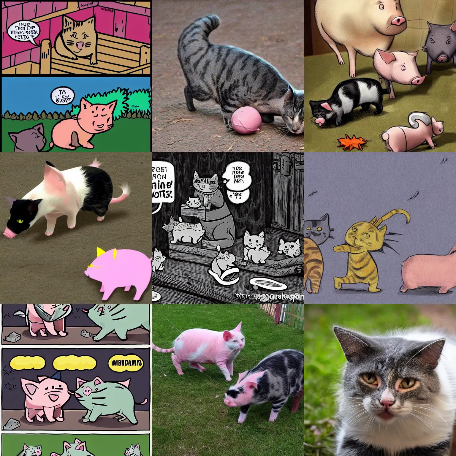 Prompt: cat and pig war