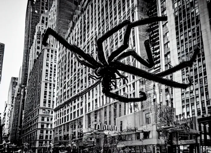 Image similar to photo of a giant spider creature attacking new york city, wide angel shot 50mm