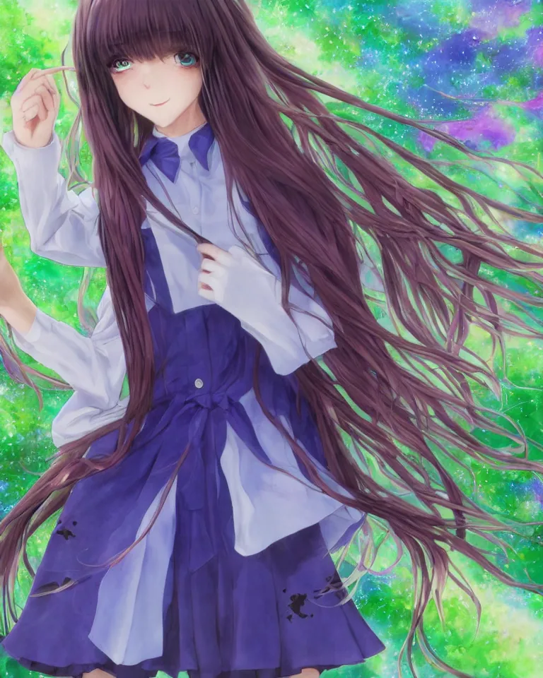 Image similar to 'a painted soul that is imagining becoming a iridescent as a cute and pretty mentally insane girl inquisitively smirks at you' 'pretty and cute teen girl wearing a private school uniform, skirt and knee high black leggings with mental insanity imagines an image of a psychic iridescent state of lucid reality.' ultra detailed realistic anime style at 16K resolution. epically surreally beautiful image. rendering amazing detail. vivid clarity. ultra shadowing. mind-blowing quality. really cool 3D shadowing. masterpiece illustration.