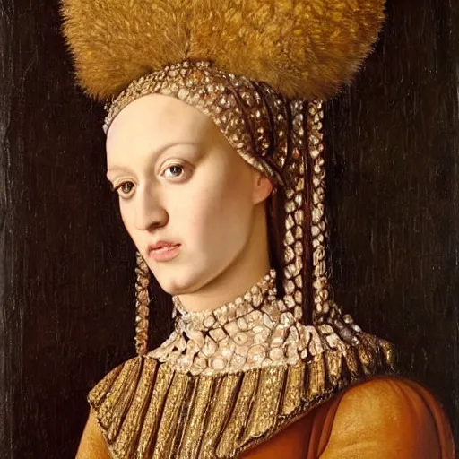 Image similar to portrait of katy perry, oil painting by jan van eyck, northern renaissance art, oil on canvas, wet - on - wet technique, realistic, expressive emotions, intricate textures, illusionistic detail