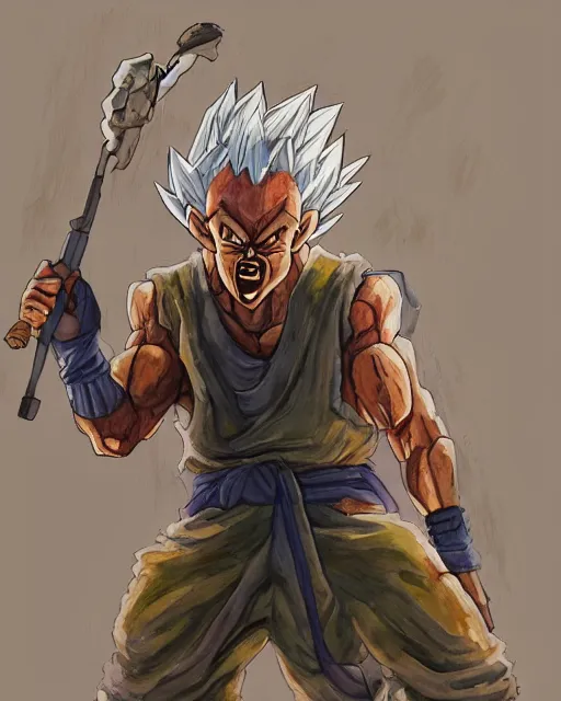 Image similar to a oil / watercolor painting full body character portrait of an old homeless saiyan soldier fighting to protect his family in the style of moebius in the style of leonard boyarsky trending on artstation deviantart pinterest detailed photorealistic highlights and shadow hd 8 k post - processing high resolution