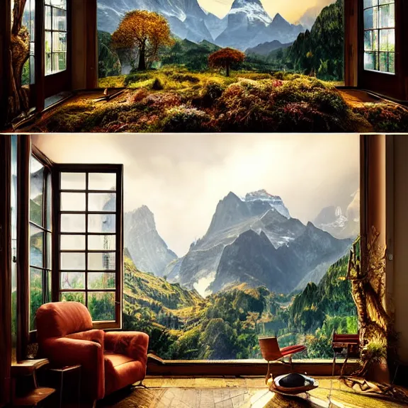 Image similar to fantastical living room with switzerland landscape in the window by marc adamus, beautiful dramatic lighting, overgrown with funghi, style by peter deligdisch, peterdraws