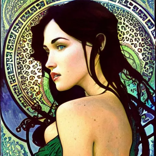 Prompt: a closeup portrait of a young megan fox, art nouveau, jugendstil, decorative background, spirals, painted by alphonse mucha