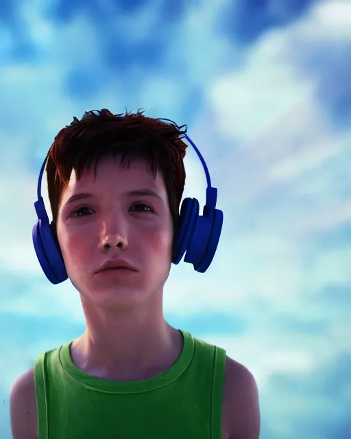 Image similar to boy with headphones looking into the sky, psychedelic trip, cinematic shot, epic composition, fine details, octane render, 8 k, depth of field, concept art, oil painting, digital art, deviantart artstation, extremely detailed, very sharp,