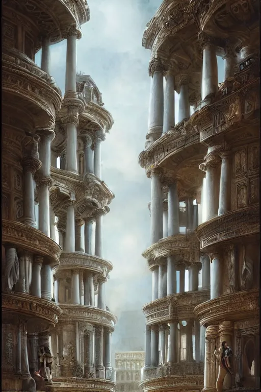 Image similar to gigantic palace, adorned pillars, towers, landscape, alex ross, neal Adams, david finch, concept art, matte painting, highly detailed, rule of thirds, dynamic lighting, cinematic, detailed, denoised, centerd