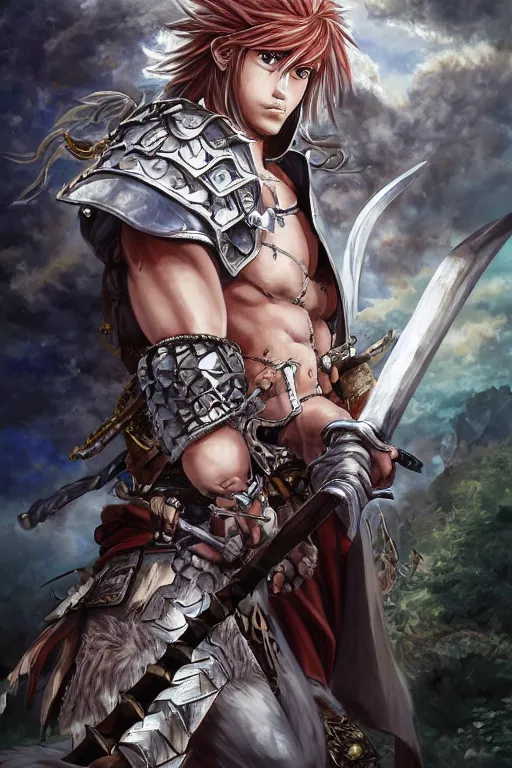 Image similar to A realistic anime portrait of a young handsome male barbarian with long wild hair, intricate fantasy spear, plated armor, D&D, dungeons and dragons, tabletop role playing game, rpg, jrpg, digital painting, by Yoshitaka Amano and Ayami Kojima and Akihiko Yoshida and Yusuke Murata, digtial painting, trending on ArtStation, SFW version