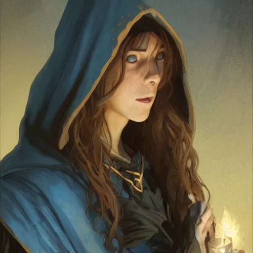 Prompt: a female wizard with brown hair wearing a blue hood and blue robe exploring a dark and sinister medieval village, fantasy, highly detailed, digital painting, artstation, concept art, character art, art by greg rutkowski and tyler jacobson and alphonse mucha