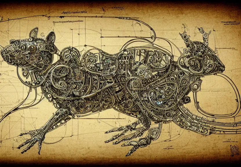 Image similar to spacious schematic blueprint of highly detailed ornate filigreed convoluted ornamented elaborate cybernetic rat, full body, character design, inside frame, art by da vinci
