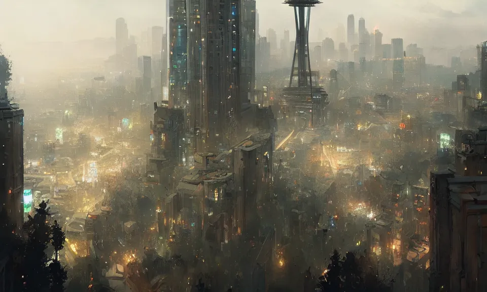 Prompt: City of Seattle, Greg Rutkowski, ArtStation, Deviantart, HD screenshot