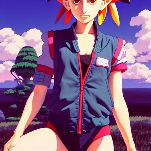 Prompt: beautiful boyish natalie portman gravure model in majora's mask, wearing big mayan bomber jacket with overalls and leotard, big bomber jacket with subtle mayan patterns, aztec bathing suit, gapmoe yandere grimdark, trending on pixiv fanbox, painted by greg rutkowski makoto shinkai takashi takeuchi studio ghibli, akihiko yoshida