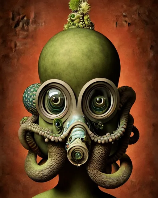 Prompt: a biomorphic portrait with with large eyes, expressive, wearing a botanical gas mask, baroque painting by mark ryden and arcimboldo, cephalopod, mixed media 3 d collage, focus on head, soft light, 4 k, octane high quality render