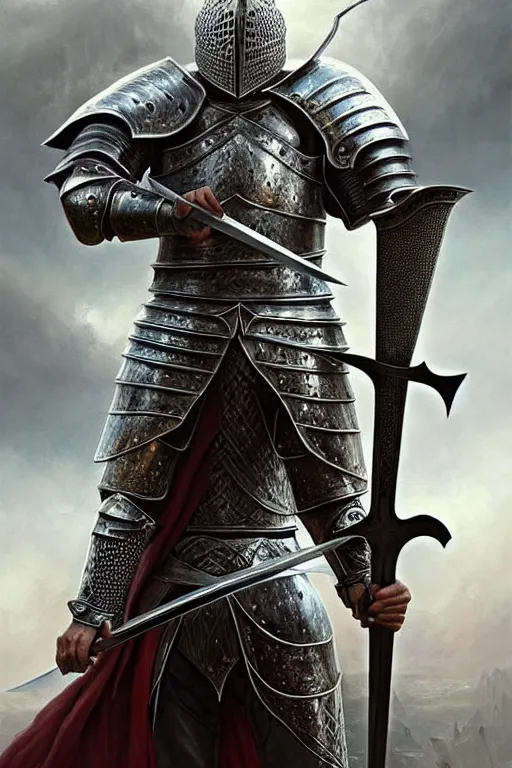 Image similar to Portrait of a highly detailed knight holding a large sword, full body, fine art, awesome fantasy book cover on Pinterest, award winning, dark fantasy landscape, fantasy magic, intricate, elegant, sharp focus, cinematic lighting, highly detailed, digital painting, concept art, art by WLOP and Artgerm and Greg Rutkowski, masterpiece, trending on artstation, 8K