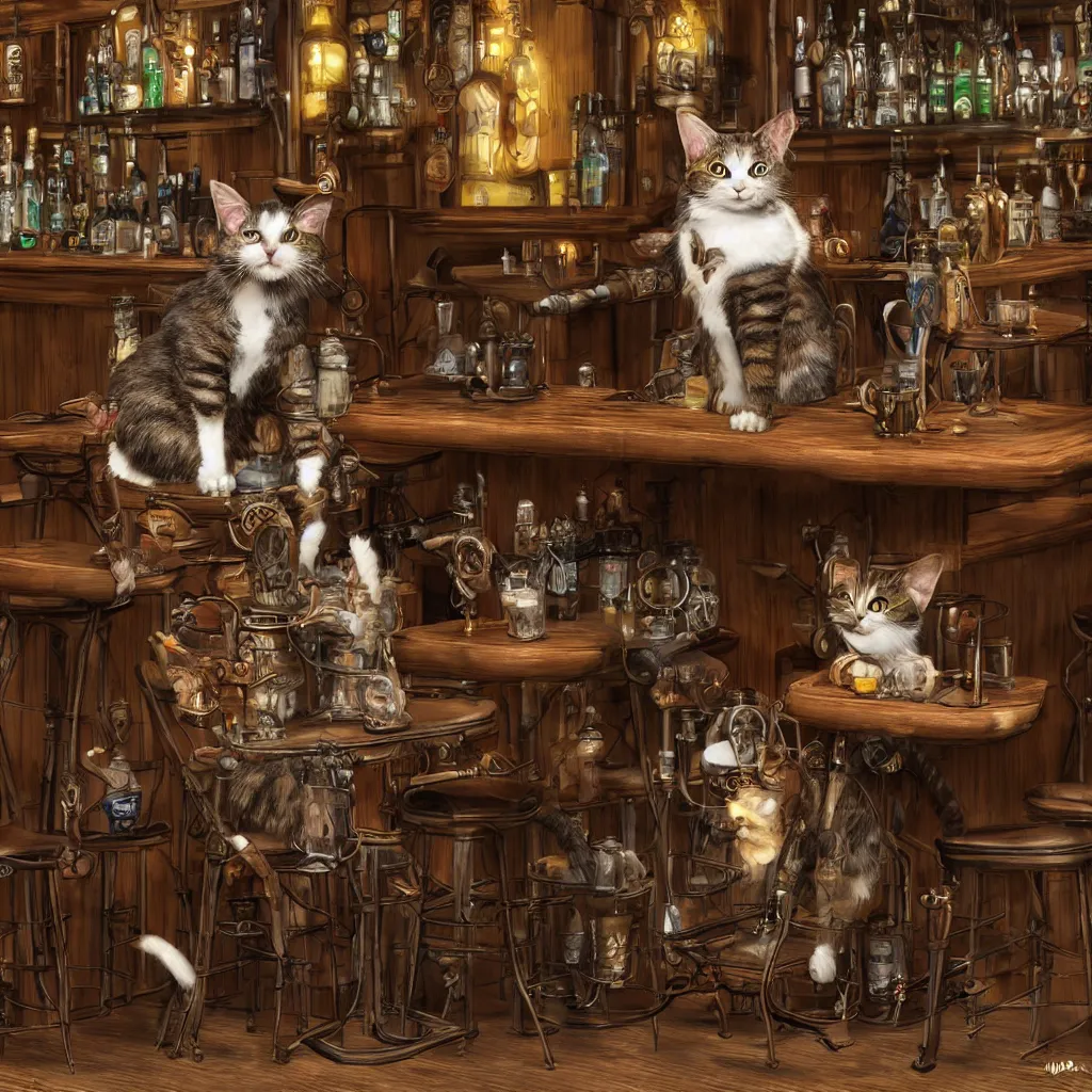 Image similar to photorealistic steampunk cat sitting at a bar