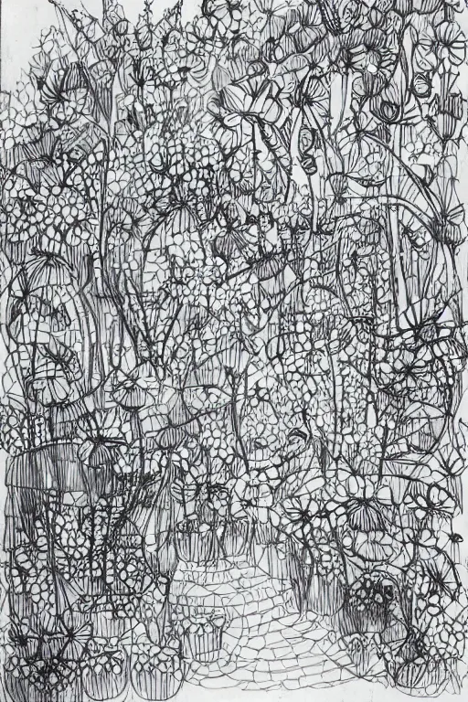 Image similar to single line sketch of cascading garden with large flowers, scribble sketch, small details,