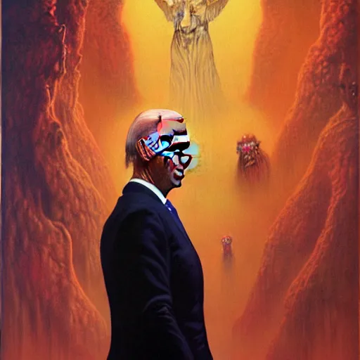 Image similar to epic Joe Biden in pandemonium, demons and souls, portrait, art by Wayne Barlowe, oil on canvas