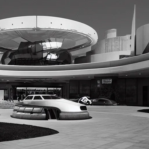 Image similar to mall on the moon, car parked, retrofuturism, futuristic style