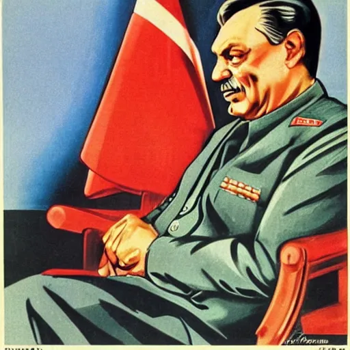 Prompt: viktor orban sitting in the lap of stalin, soviet propaganda poster art from 1 9 5 0