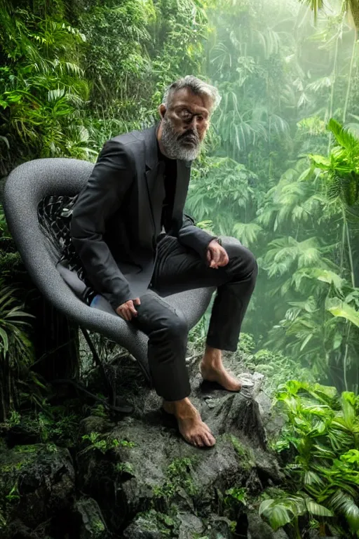 Image similar to movie closeup young man with a grey beard in a cyberpunk suit sitting on a futuristic chair at the edge of a jungle waterfall by emmanuel lubezki