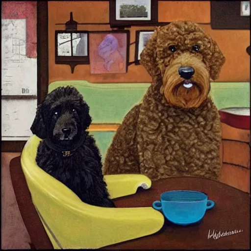 Image similar to Black Goldendoodle with a bright face and a puppy sitting at a diner drinking a cup of coffee, looking melancholy, Norman Rockwell style