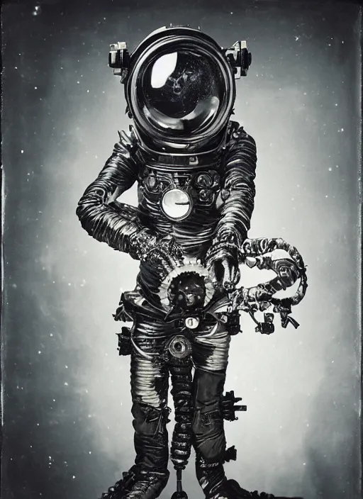 Image similar to old wetplate daguerreotype portrait of a futuristic space astronaut cyborg striking a model pose, fractal, intricate, elegant, highly detailed, parallax, leica, medium format, subsurface scattering, by jheronimus bosch and greg rutkowski and louis jacques mande daguerre