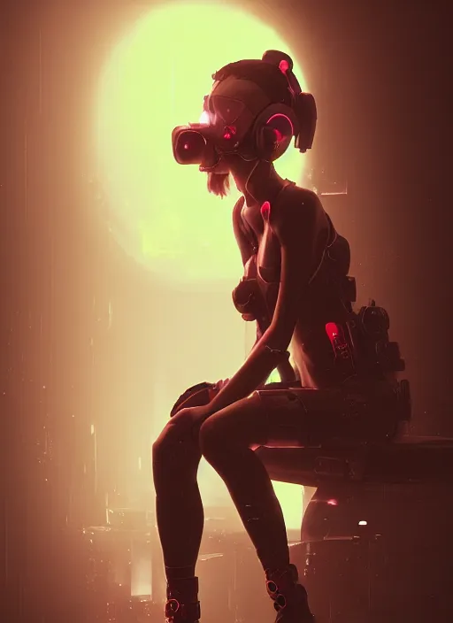 Prompt: a beautiful girl sitting on a stool in a dark room with laser light, cyberpunk, dynamic lighting, high detail, concept art, artstation, zbrush by Paolo Eleuteri Serpieri