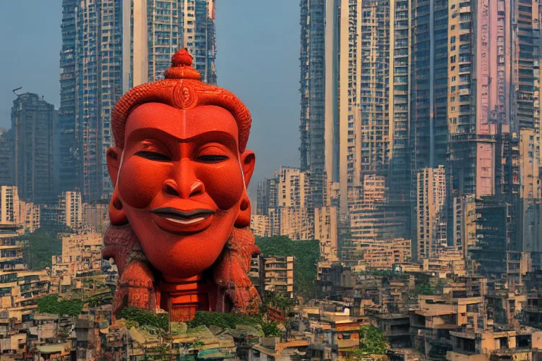 Image similar to high quality 3 d cyberpunk biomorphic hanuman head building in the middle of mumbai!!, kalighat highly detailed, cinematic smooth, stephen shore & john j. park, soft morning light, wide shot, high angle, uhd 8 k, deep focus