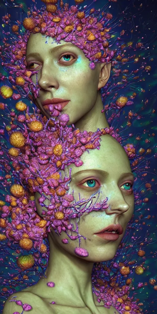 Prompt: hyper detailed 3d render like a Oil painting - portrait sculpt of Aurora (Singer) seen in mascara Eating of the Strangling network of yellowcake aerochrome and milky Fruit that covers her body and Her delicate Hands hold of gossamer polyp blossoms bring iridescent fungal flowers whose spores black the foolish stars by Jacek Yerka, Mariusz Lewandowski, Houdini algorithmic generative render, Abstract brush strokes, Masterpiece, Edward Hopper and James Gilleard, Zdzislaw Beksinski, Mark Ryden, Wolfgang Lettl, hints of Yayoi Kasuma, octane render, 8k