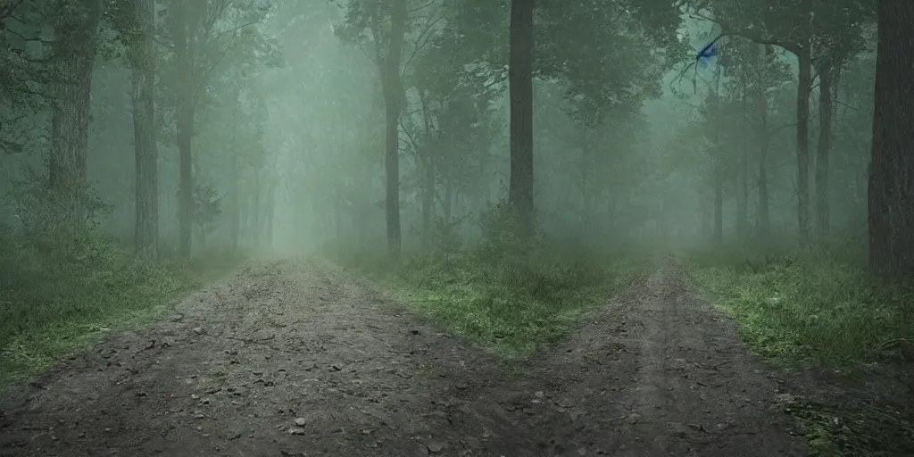 Image similar to a dirt road in a forrest a night with zombies walking toward the viewer, hyper detailed, horror movie, volumetric, cinematic