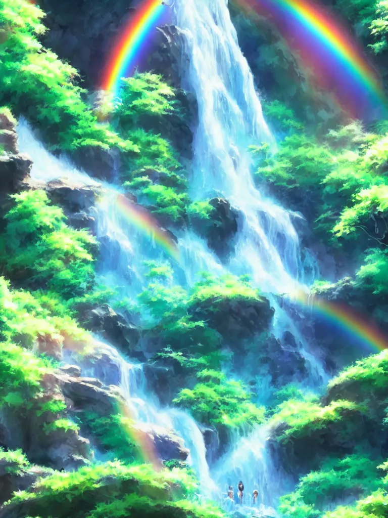 Prompt: anime - style illustration of waterfall cascading onto rocks, small rainbow emerging in background, ethereal, beautiful scenery, intricately meticulously detailed, amazing, glitter, 8 k render octane high definition