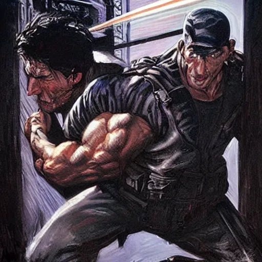 Image similar to The punisher fighting Neo. Epic painting by James Gurney and Belén Ortega.