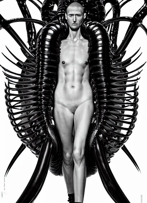 Image similar to walking down the catwalk, mert alas and marcus piggott, show, stage, vogue photo, podium, fashion show photo, historical baroque dress, iris van herpen, beautiful woman, full body shot, masterpiece, inflateble shapes, alien, predator, guyver, jellyfish, white biomechanical details, highly detailed