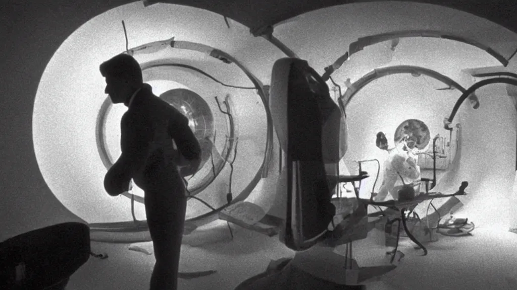 Image similar to an mri image of james cavell in the living room, film still from the movie directed by denis villeneuve with art direction by salvador dali, wide lens