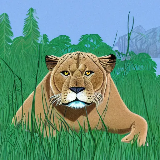 Image similar to a sabertooth cat, lion with huge walrus fangs, naturalist illustration