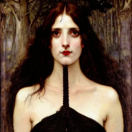 Image similar to A striking Pre-Raphaelite witch with intense eyes and jet black hair, by John Collier, by John William Waterhouse, John Everett Millais