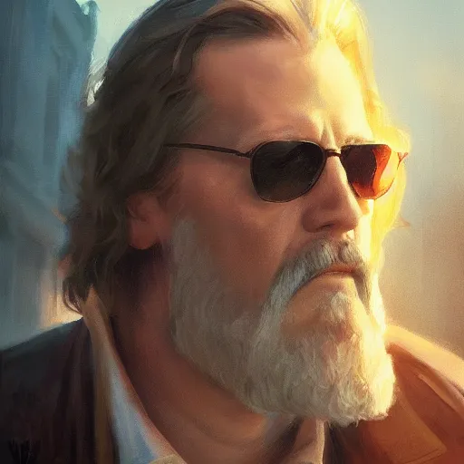 Prompt: closeup portrait of jeffrey lebowski, the dude, dramatic lighting, city background, chiaroscuro, high detail, painted by greg rutkowski, painted by igor kieryluk, painted by bobby chiu, trending on artstation