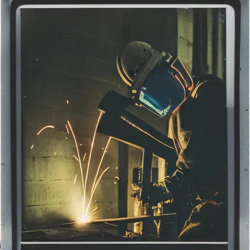 Prompt: a polaroid of a person welding, cinematic atmosphere