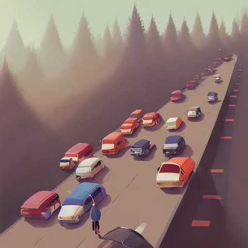 Image similar to goro fujita ilustration a family leaving the big city in a traffic jam heading for the forest, painting by goro fujita, sharp focus, highly detailed, artstation