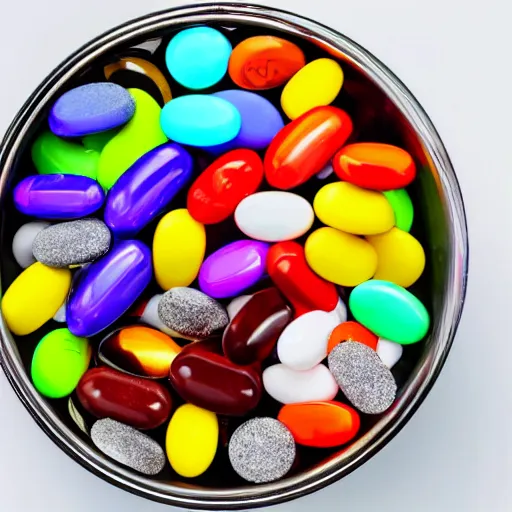 Image similar to Bowl containing a mixture of colorful, dangerous pills and harmless candies. Can you guess which is which?