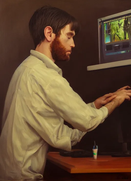 Image similar to portrait of a sleepy - looking programmer guy begging for forgiveness in front of his monitor, oil on canvas, masterwork, fine detail, trending on artstation, emotive, insanely compelling, ryden, koons