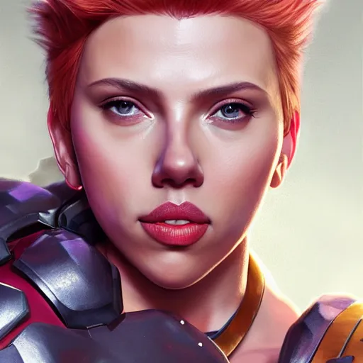 Prompt: detailed portrait of scarlett johansson as muscular zarya from overwatch, beautiful, fantasy, intricate, elegant, highly detailed, digital painting, artstation, concept art, matte, sharp focus, illustration, art by aenaluck, artgerm and roberto ferri and greg rutkowski, epic fantasy, digital painting