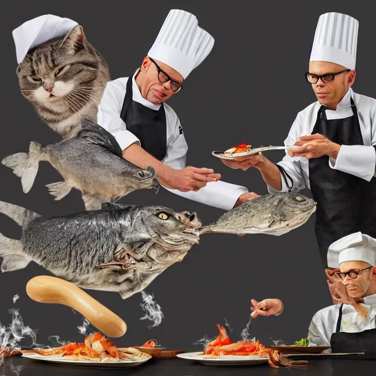 Prompt: “chef Alton Brown and a grey cat cooking a whole fish on iron chef, digital art, hyperdetailed, 8k”