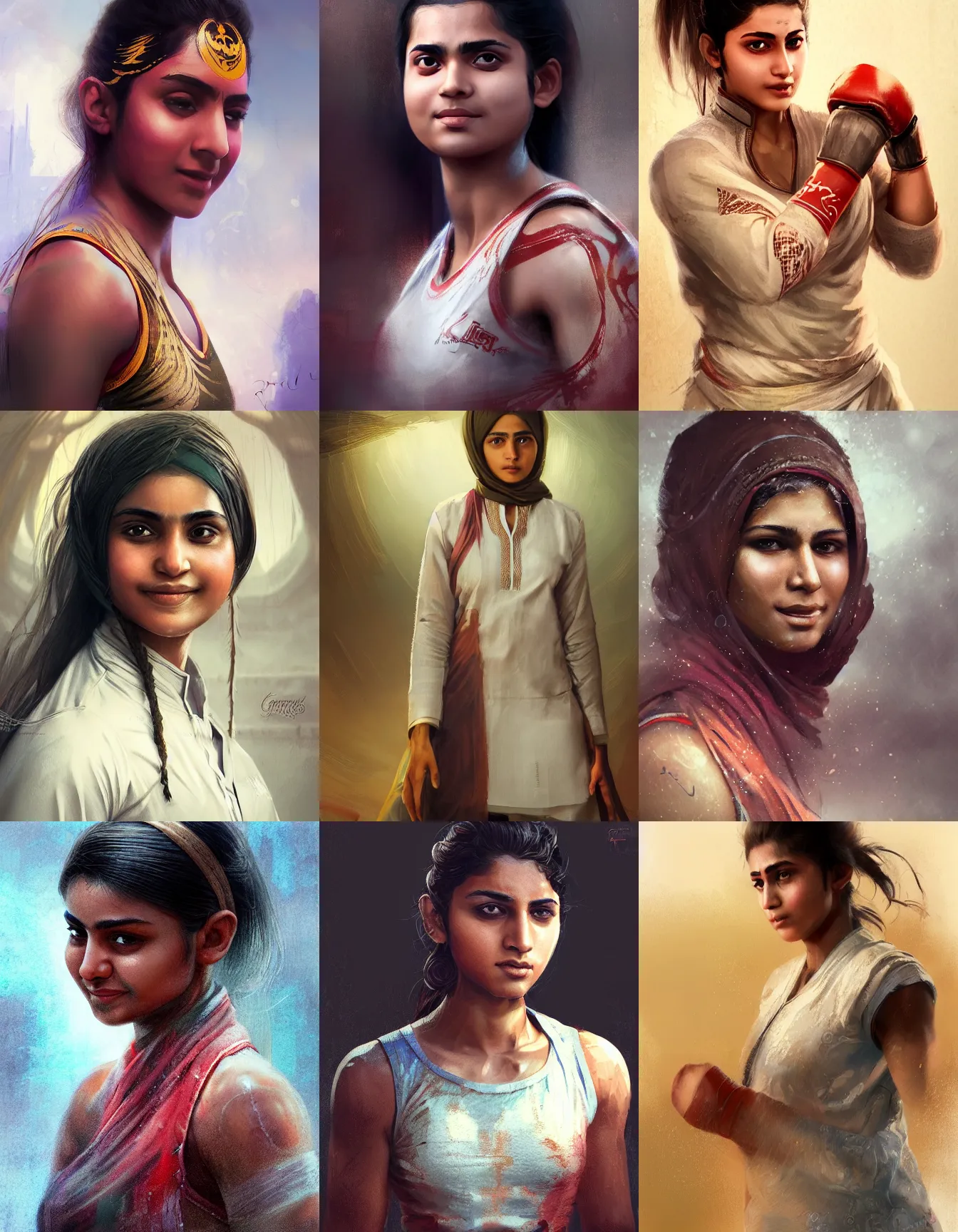 Prompt: young pakistani woman kickboxer, wearing a kurta, strong, muscular, smiling, digital portrait by greg rutkowski, intricate, soft focus, highly detailed, cinematic, epic, artstation