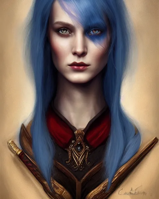 Prompt: a detailed matte oil on canvas head on symmetrical portrait of a distinguished elven woman with two - tone blue red hair by charlie bowater, lise deharme, wlop, trending on artstationhd, dungeons and dragons art critical role, half and half hair dye, split hair dye, two tone hair dye, dye hair