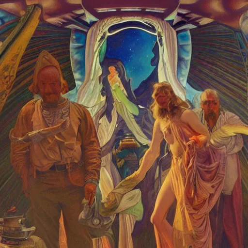 Prompt: painting of a scene from an ancient historical ufo encounter, charles abel corwin, frank lloyd wright, alphonso mucha, highly detailed, oil painting, hyper realism, sharp focus, detailed face