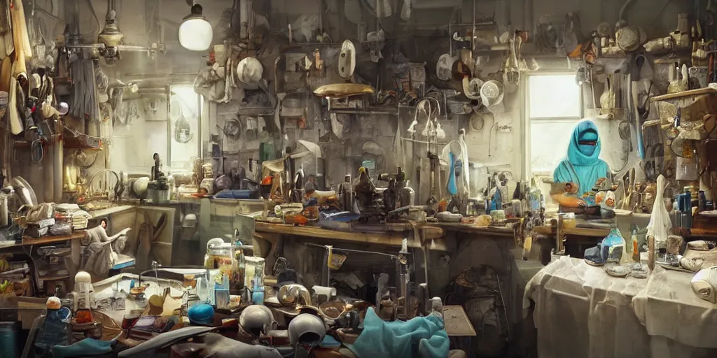 Prompt: an environmental concept art of a babushka surgeon in a cluttered workshop, surigcal impliments, surgery table, highly detailed, cinematic, dramatic