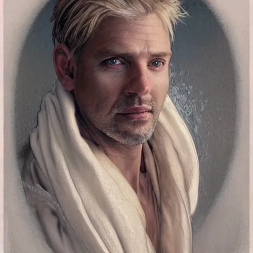 Prompt: portrait of 4 0 - year - old man with dirty blonde hair down to his waist, pale eyebrows and protuberant silver eyes, wearing a simple white robe, hyper realistic face, beautiful eyes, fantasy art, in the style of greg rutkowski, intricate, alphonse mucha, hyper detailed, smooth