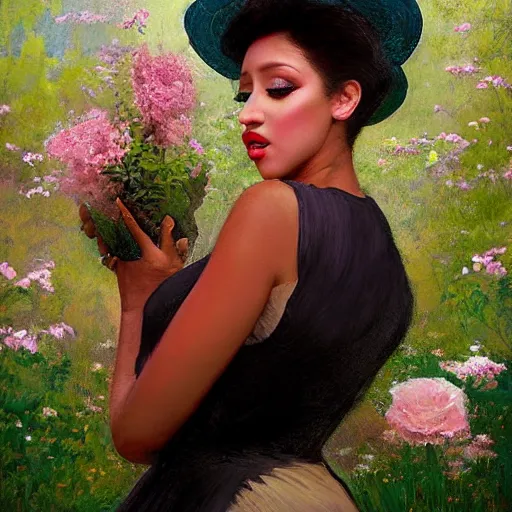 Image similar to happy very thick paint brush strokes paint texture full body fashion model cardi b by Jeremy Lipking by Hasui Kawase by Richard Schmid (((smokey eyes makeup eye shadow fantasy, glow, shimmer as victorian woman in a long white frilly lace dress and a large white hat having tea in a sunroom filled with flowers, roses and lush fern flowers ,intricate, night, highly detailed, dramatic lighting))) , high quality