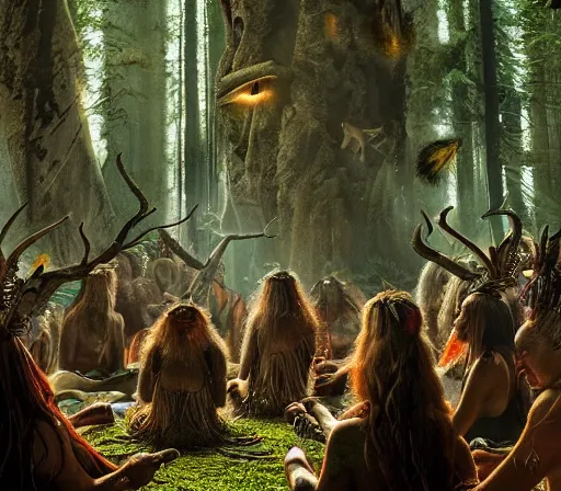 Image similar to a shamanic gathering of a tribe in a magical forest, spiritual connection with the forest, extreme detail, sharp focus, 8 k, intricate, hyper detailed, cinematic lighting