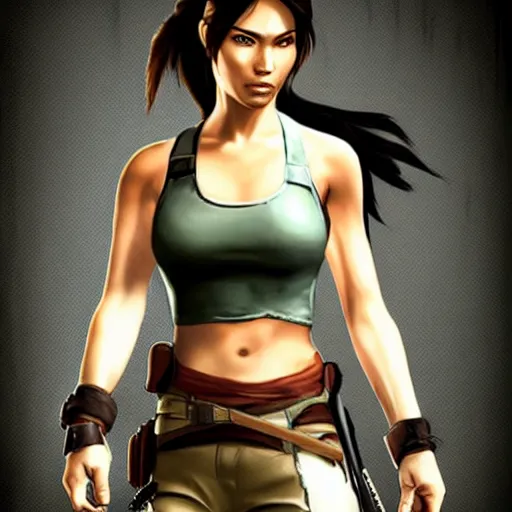 Image similar to Lara croft as samurai:: photorealistic::1 direct sunlight::1