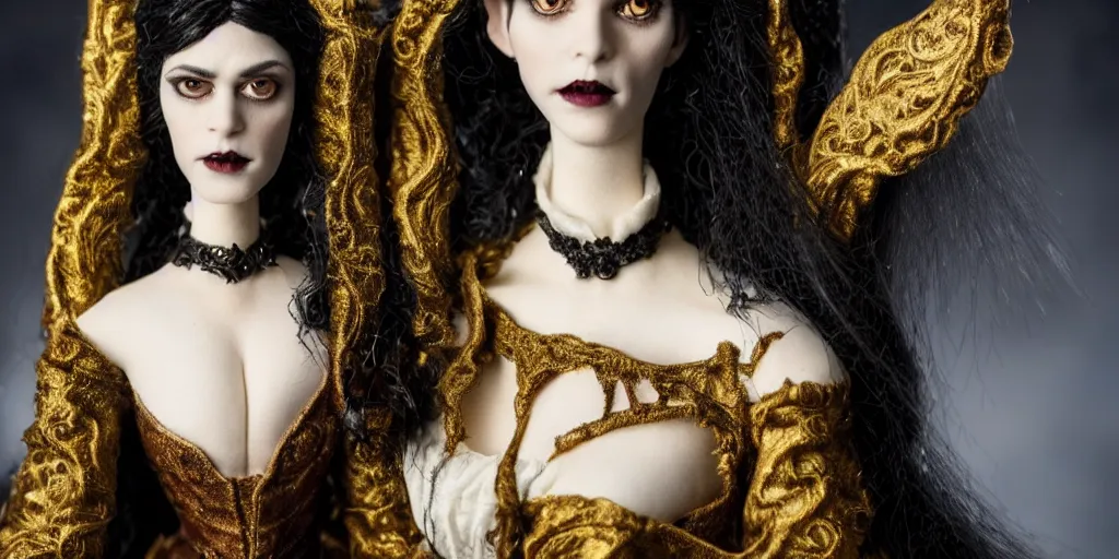 Image similar to photo taken of an epic intricate, ultra detailed, super realistic stop motion puppet of a majestic gracious regal aristocratic brunette female vampire and gothic filmset created by weta workshop, menacing, wide angle, full body shots, photorealistic, sharp focus, white wall, extremely cold blueish colour temperature, 3 5 mm, f 1. 4, golden ratio